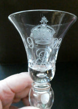 Load image into Gallery viewer, Rare KING EDWARD VII (1902) Engraved Coronation Glass with Hollow Stem Containing a Silver Three Pence Coin
