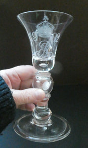 Rare KING EDWARD VII (1902) Engraved Coronation Glass with Hollow Stem Containing a Silver Three Pence Coin
