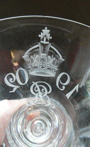 Rare KING EDWARD VII (1902) Engraved Coronation Glass with Hollow Stem Containing a Silver Three Pence Coin