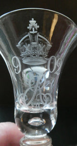 Rare KING EDWARD VII (1902) Engraved Coronation Glass with Hollow Stem Containing a Silver Three Pence Coin