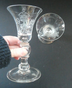 Rare KING EDWARD VII (1902) Engraved Coronation Glass with Hollow Stem Containing a Silver Three Pence Coin