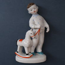 Load image into Gallery viewer, Very Rare Lomonosov SOVIET Figurine of a Little Boy with a Toy Rocking Horse
