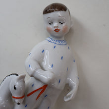 Load image into Gallery viewer, Very Rare Lomonosov SOVIET Figurine of a Little Boy with a Toy Rocking Horse
