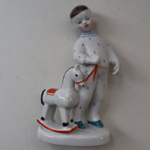 Load image into Gallery viewer, Very Rare Lomonosov SOVIET Figurine of a Little Boy with a Toy Rocking Horse
