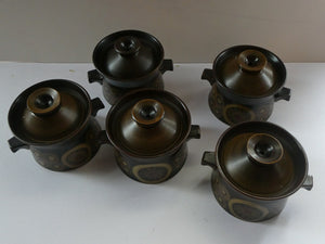 Vintage 1960s DENBY Arabesque FIVE Lidded Soup Bowls by Gill Pemberton