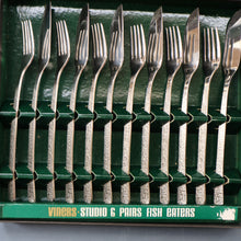 Load image into Gallery viewer, GERALD BENNEY for Viners, Sheffield. STUDIO Pattern. Set of Longer Length Fish Knives and Forks. Iconic 1960s Stainless Steel Cutlery
