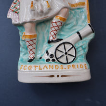 Load image into Gallery viewer, CRIMEAN WAR Interest. 1850s Antique Staffordshire Figurine of a Scottish Soldier with Raised Flag. SCOTLAND'S PRIDE

