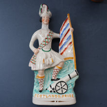 Load image into Gallery viewer, CRIMEAN WAR Interest. 1850s Antique Staffordshire Figurine of a Scottish Soldier with Raised Flag. SCOTLAND'S PRIDE
