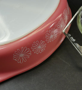 1950s Vintage PYREX GAEITY Oval Divided Lidded Serving Dish Gaiety PINK DAISY