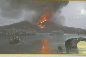 Antique Neapolitan School Gouache Painting by M Gianni. Bay of Naples with Erupting Vesuvius