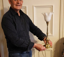 Load image into Gallery viewer, ART NOUVEAU Early 20th Century Brass Table Lamp with White Glass Shade. REWIRED

