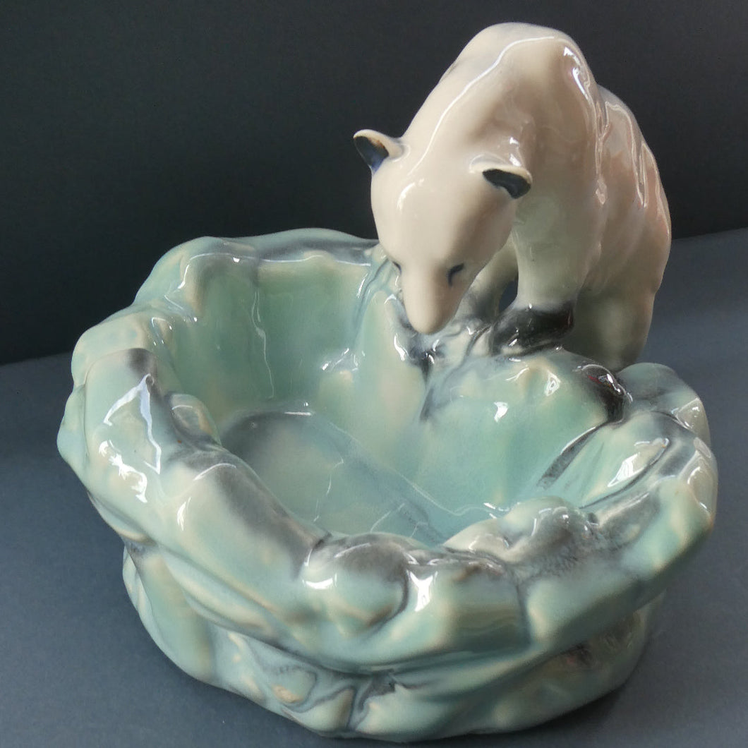 1930s ART DECO Czech Polar Bear Bowl. Very Decorative Figurative Centerpiece Designed by Ditmar Urbach 