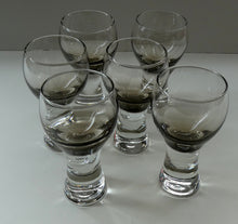 Load image into Gallery viewer, SET OF SIX Caithness CANISBAY Small Brown Coloured Glasses (Peat) Space Age Shape. 4 3/8 inches in height
