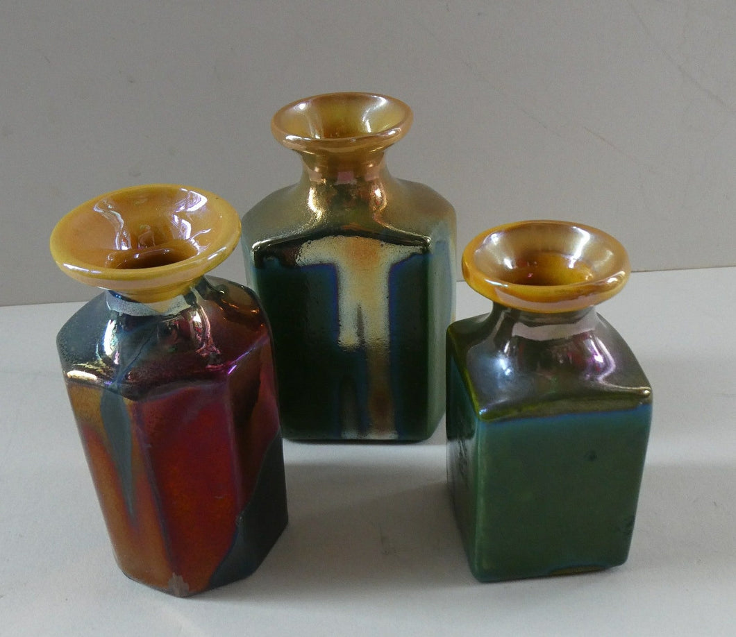 SCOTTISH POTTERY. Three 1970s / 1980s Margery Clinton Lustre Glaze Miniature Bottle Vases