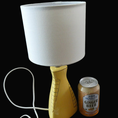 Vintage 1950s Pottery Table Lamp with White Drum Shade. Yellow Triangular Shape with Gold Decoration