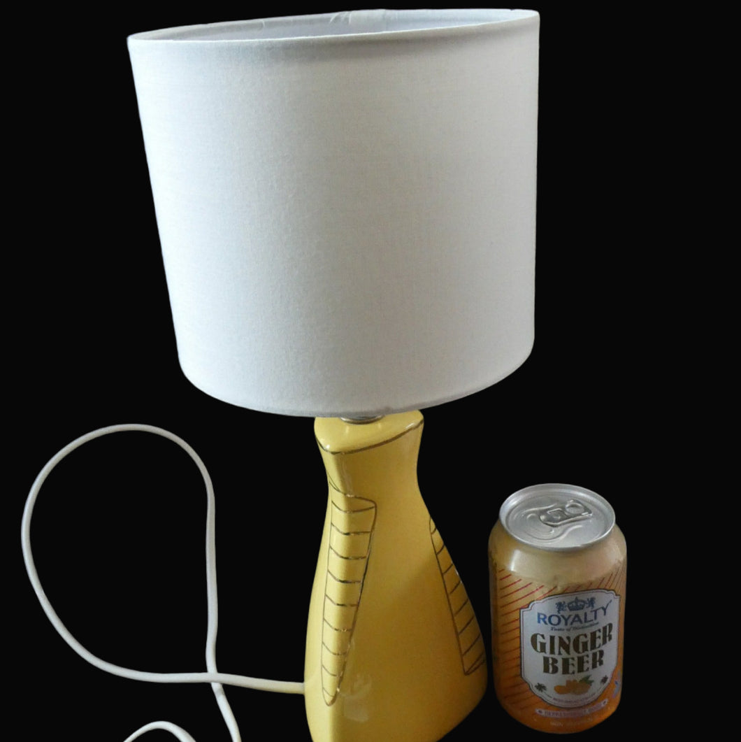 Vintage 1950s Pottery Table Lamp with White Drum Shade. Yellow Triangular Shape with Gold Decoration