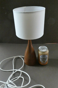 Vintage Scandinavian Style Teak Table Lamp with White Drum Shade. Height: 9 3/4 inches