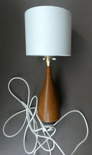 Load image into Gallery viewer, Vintage Scandinavian Style Teak Table Lamp with White Drum Shade. Height: 9 3/4 inches
