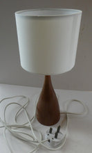Load image into Gallery viewer, Vintage Scandinavian Style Teak Table Lamp with White Drum Shade. Height: 9 3/4 inches
