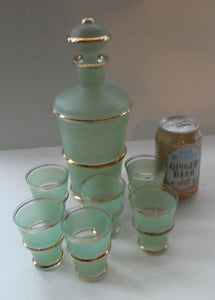 Stylish 1950s LAEKEN CRISTAL Green Frosted Glass & Gold Decanter with Six Small Tumblers: Made in Belgium