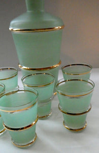 Stylish 1950s LAEKEN CRISTAL Green Frosted Glass & Gold Decanter with Six Small Tumblers: Made in Belgium