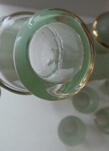 Stylish 1950s LAEKEN CRISTAL Green Frosted Glass & Gold Decanter with Six Small Tumblers: Made in Belgium