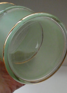 Stylish 1950s LAEKEN CRISTAL Green Frosted Glass & Gold Decanter with Six Small Tumblers: Made in Belgium