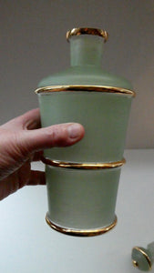Stylish 1950s LAEKEN CRISTAL Green Frosted Glass & Gold Decanter with Six Small Tumblers: Made in Belgium