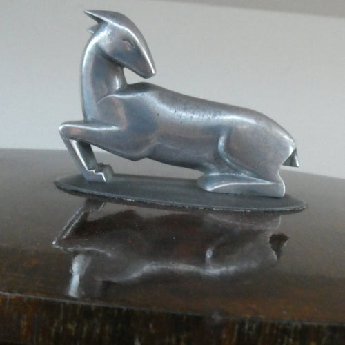 Unusual 1930s ART DECO Wooden Box with Hinged Lid. Metal Deer Sculpture on Lid (in the manner of Just Andersen)