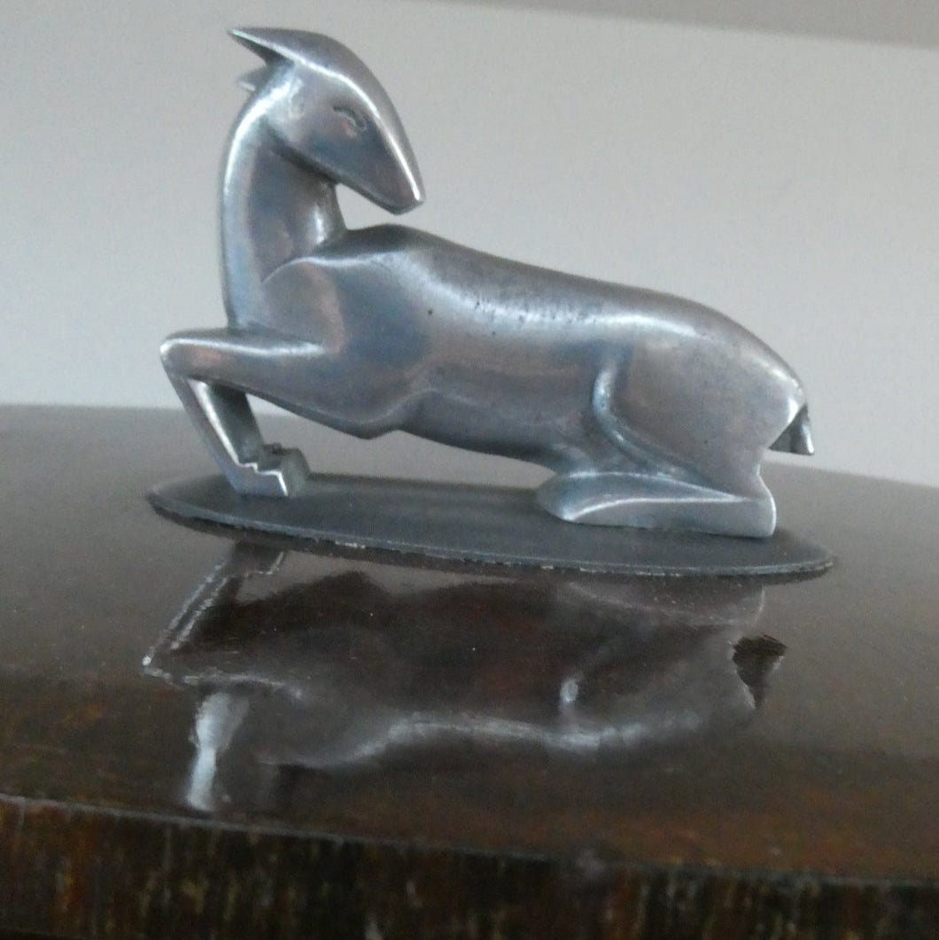 Unusual 1930s ART DECO Wooden Box with Hinged Lid. Metal Deer Sculpture on Lid (in the manner of Just Andersen)