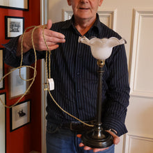 Load image into Gallery viewer, Stylish Early 20th Century Bronze Table Lamp with White Glass Shade with Frilled Edge. REWIRED
