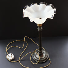 Load image into Gallery viewer, Stylish Early 20th Century Bronze Table Lamp with White Glass Shade with Frilled Edge. REWIRED
