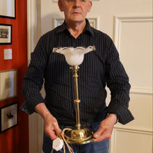Load image into Gallery viewer, Stylish Early 20th Century Brass Table Lamp with White Glass Shade with Frilled Edge. REWIRED
