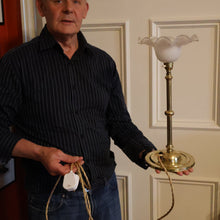 Load image into Gallery viewer, Stylish Early 20th Century Brass Table Lamp with White Glass Shade with Frilled Edge. REWIRED
