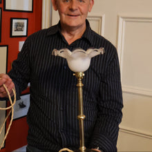 Load image into Gallery viewer, Stylish Early 20th Century Brass Table Lamp with White Glass Shade with Frilled Edge. REWIRED

