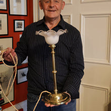 Load image into Gallery viewer, Stylish Early 20th Century Brass Table Lamp with White Glass Shade with Frilled Edge. REWIRED
