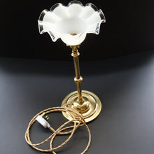 Load image into Gallery viewer, Stylish Early 20th Century Brass Table Lamp with White Glass Shade with Frilled Edge. REWIRED
