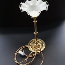 Load image into Gallery viewer, Stylish Early 20th Century Brass Table Lamp with White Glass Shade with Frilled Edge. REWIRED
