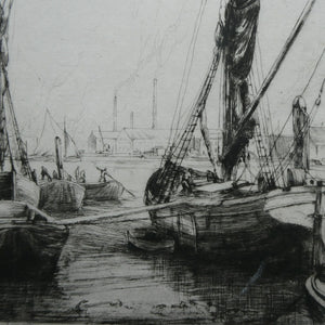 1920s Original Pencil Signed Limited Edition Etching "Thames Barges" by Aileen Mary Elliott