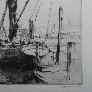 1920s Original Pencil Signed Limited Edition Etching "Thames Barges" by Aileen Mary Elliott