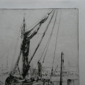 1920s Original Pencil Signed Limited Edition Etching "Thames Barges" by Aileen Mary Elliott