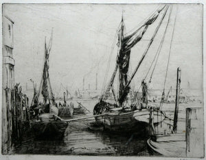 1920s Original Pencil Signed Limited Edition Etching "Thames Barges" by Aileen Mary Elliott