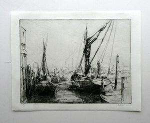 1920s Original Pencil Signed Limited Edition Etching "Thames Barges" by Aileen Mary Elliott