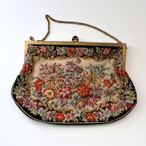 Vintage 1940s British PETIT POINT Tapestry Handbag or Evening Bag with Pink Roses Design. Excellent Condition