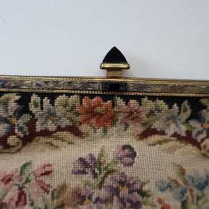 Vintage 1940s British PETIT POINT Tapestry Handbag or Evening Bag with Pink Roses Design. Excellent Condition
