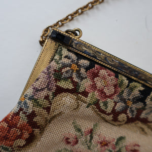 Vintage 1940s British PETIT POINT Tapestry Handbag or Evening Bag with Pink Roses Design. Excellent Condition