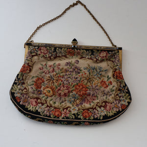 Vintage 1940s British PETIT POINT Tapestry Handbag or Evening Bag with Pink Roses Design. Excellent Condition