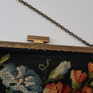 Larger Vintage 1940s British PETIT POINT Tapestry Handbag or Evening Bag with Pink Roses Design. Excellent Condition