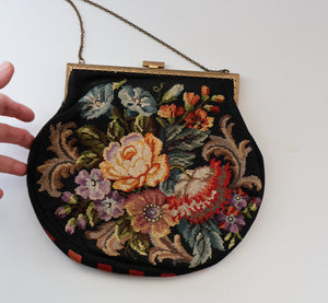 Larger Vintage 1940s British PETIT POINT Tapestry Handbag or Evening Bag with Pink Roses Design. Excellent Condition