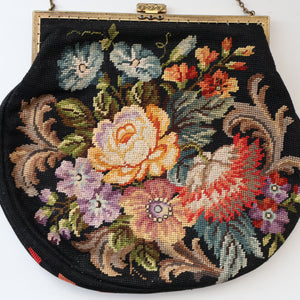 Larger Vintage 1940s British PETIT POINT Tapestry Handbag or Evening Bag with Pink Roses Design. Excellent Condition